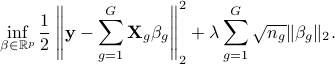  inf_{beta in mathbb{R}^p} frac{1}{2}left|{bf y} - sum_{g=1}^G {bf X}_g beta_g right|_2^2 + lambda sum_{g=1}^G sqrt{n_g} |{beta}_g|_2. 